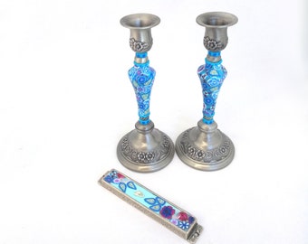 Shabbat Candlestick, Mezuzah, Candle Holders Set, Modern Judaica, Mezuzah With Scroll, Jewish Wedding Gift Set,Home Blessing, Made In Israel