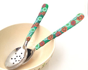 Salad server set, Stainless steel and polymer clay salad serving set, Salad service Utensils, spoon set