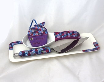 Rosh Hashana Gift set,House warming gift,Kitchen Gift set, Four purple blue items - cake cutter, cake platter, spoon rest and apple decor