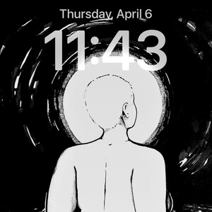 May include: Black and white illustration of a person sitting in a swirling pool of water. The time is 11:43 and the date is Thursday, April 6.