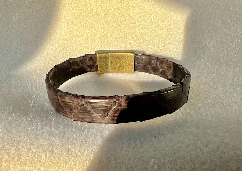 Pu&ograve; includere: Un braccialetto in pelle di serpente marrone e nero con una chiusura magnetica color oro. Il braccialetto &egrave; realizzato in vera pelle di serpente e ha un aspetto strutturato. La chiusura &egrave; rettangolare e assicura il braccialetto.