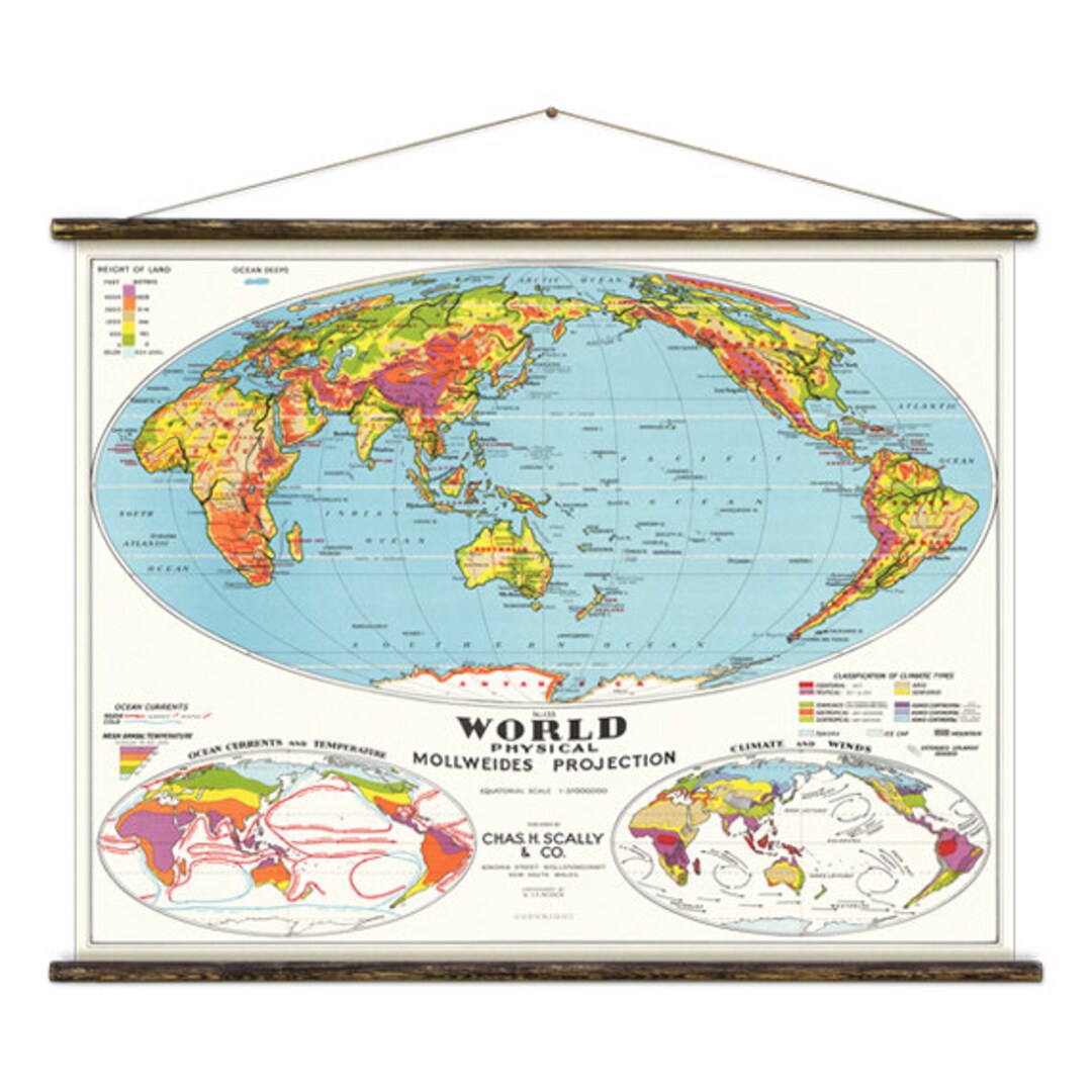 The World Physical - Pull Down Wall Chart - Etsy