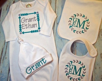 Baby Boy Coming Home Outfit Personalized Baby Bodysuit Baby Boy Outfit Personalized Baby Hat, Monogrammed Gown, Personalized Baby Clothes