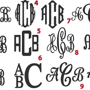 May include: Twelve different monogram designs featuring the letters A, C, and B. The monograms are in a variety of styles, including script, block, and traditional.