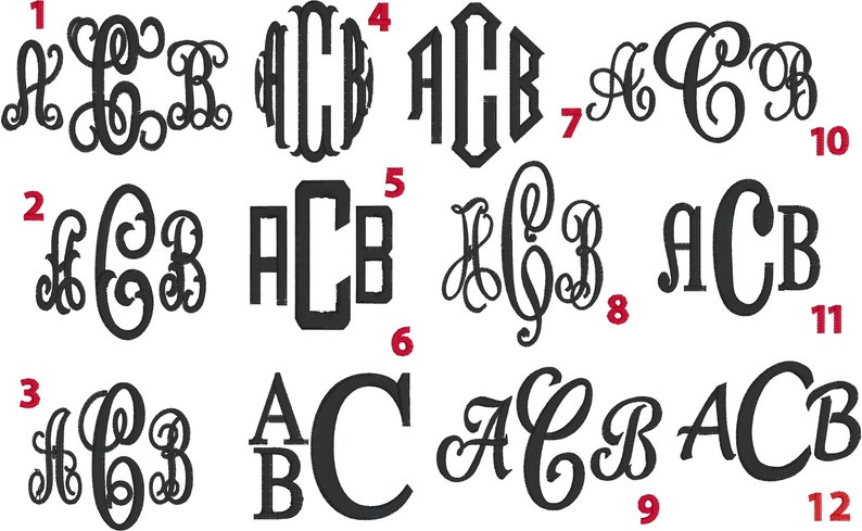 May include: Twelve different monogram designs featuring the letters A, C, and B. The monograms are in a variety of styles, including script, block, and traditional.
