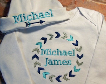Monogram Baby Boy, Take Home Outfit, Bib, Burp Cloth, Personalized Baby Boy, Coming Home Outfit, Layette Gown or Bodysuit, W/ Hat Option