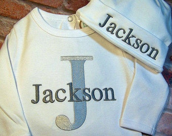 Monogram Baby Boy, Take Home Outfit, Bib, Burp Cloth, Personalized Baby Boy, Coming Home Outfit, Layette Gown or Bodysuit, W/ Hat Option