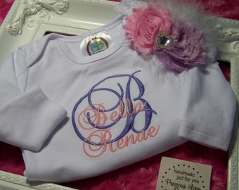 Personalized, Baby Girl Gift, Monogrammed Baby Gown or Bodysuit , Headband, Newborn Girl Take Home Outfit Monogram Personalized Gown