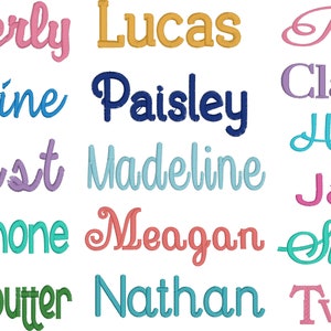 May include: A collection of names written in a variety of colorful fonts. The names include Beverly, Lucas, Posh, Caroline, Paisley, Classic, Celest, Madeline, Hailey, Jake, Payphone, Meagan, Sunday, Peanut butter, Nathan, and Tweed.