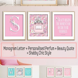 Fashion Wall Art, Shabby Chic Floral Digital Prints, Monogram Letter, Botella de Perfume Personalizada, Beauty Quote, Girl Decor Nursery Pink Art