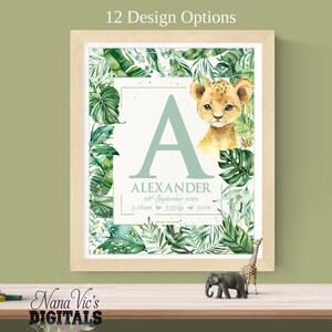 Impressão de berçário de estatísticas de nascimento Safari, decoração de arte de selva animal, presente de anúncio de nascimento de vegetação para ela, detalhes personalizados de nascimento de bebê impressão DIGITAL