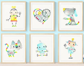 Robot Nursery Wall Art Prints Set Of 6, Printable Robot Family Dog Cat Heart, Baby Shower Gift idea, Play Room Decor, Kids Robot Art