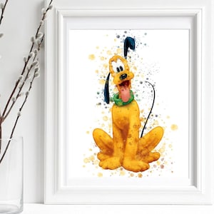 May include: A watercolour painting of Pluto, Mickey Mouse's dog, with a yellow and brown body, black ears, and a green collar. The background is a white canvas with splashes of yellow and brown paint.