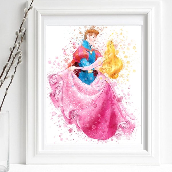 Princess Aurora and Prince Phillip, Sleeping Beauty Print, Princess Aurora Watercolor, Princess Aurora Nursery, Wall Art, Digital Print