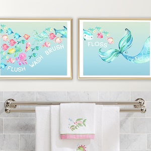 Mermaid Bathroom Print Flush Wash Brush Floss with & without kids Bathroom Decor. Bathroom Art  Mermaid Nursery Print. Girls Nursery print