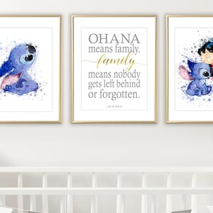 2 Lilo and Stitch Prints + Ohana quote for Nursery, Wall Art Stitch Posters Watercolor, Nursery Decor, Baby shower gift Boy or Girl