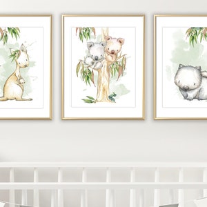 Australia Nursery Art Prints, Set of 3: Kangaroo, Boy Koala Family, Wombat,  Australian Animal Decor Baby Nursery Art, Gift for Baby White