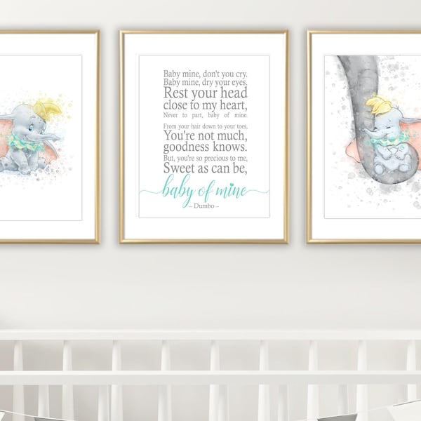 2 Pastel Baby Dumbo Prints + dumbo quote for Nursery, Wall Art Dumbo Posters Watercolor, Nursery Decor, Baby shower gift Boy or Girl