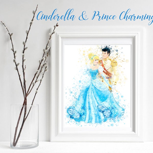 Cinderella & Prince Charming Watercolor, Princess Cinderella dancing Nursery Wedding Decor Wall Art Romantic Digital Print