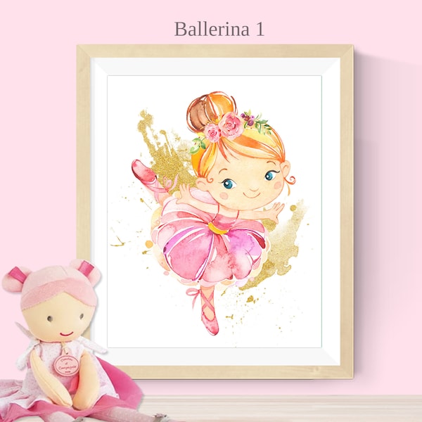 Ballerina #1 Girls Wall Art Print, Watercolour Pink Floral Glitter Girl Baby Shower Nursery Play Room Decor Printable Pictures Children Gift