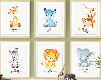 6 Dschungel Kinderzimmer Drucke, Safari Tiere Kinderzimmer Dekor, Löwe Giraffe Elefant Affe Nashorn Zebra Wand Kunst Baby Shower Geschenk, Sofortiger Download