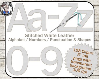 Stitched Leather Alphabet Clipart: Leather Alphabet Clip Art, Leather Letters, White Leather, Leather Numbers, Scrapbooking, Bold Font