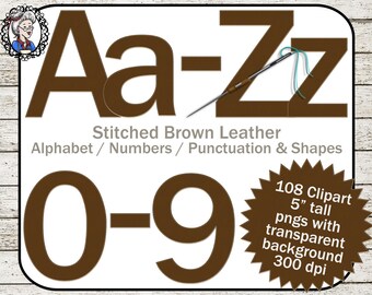 Stitched Leather Alphabet Clipart: Leather Alphabet Clip Art, Leather Letters, Bold Font, Leather Letters, Leather Numbers, Scrapbooking