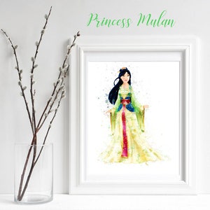 MULAN PRINT, Princess Mulan, Mulan Poster Princess, Mulan Watercolor, Princess Nursery, sublimation Mulan, Wall Art, Digital Print