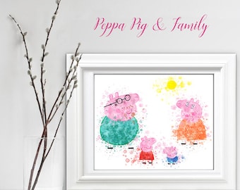 Peppa Pig & Family, George, Mummy Pig, Daddy Pig, Nursery Print, Watercolor Print, Nursery Wall Art, Peppa Pig Print, Animal Digital Print