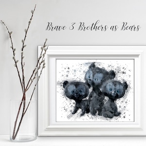 May include: A watercolor painting of three black bears from the Disney movie "Brother Bear". The bears are standing in a cluster, with the largest bear in the middle and the two smaller bears on either side. The background is a white splatter pattern.