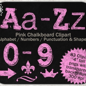 Clipart de l’alphabet à la craie: Digital Blackboard Alphabet Clip Art, Lettres / Chiffres rose shabby chic, Clip art à la craie Scrapbook, Police scolaire