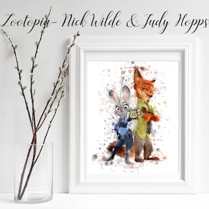 Zootopia Nick Wilde Judy Hopps Digital Print, cartoon characters Zootopia, sublimation printable, boy decor watercolor art kids playroom