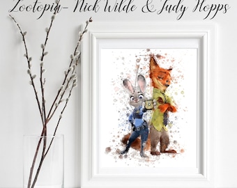 Zootopia Nick Wilde Judy Hopps Digital Print, cartoon characters Zootopia, sublimation printable, boy decor watercolor art kids playroom