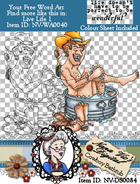 Cowboy Bathtub Digital Stamp, Digi, Card Topper, Singing, Cartoon, Instant Download, ,  ID:NV-DS0084 By Nana Vic