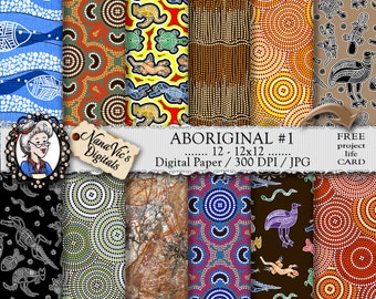 Aboriginal Digital Paper; Kangaroo, Snake, Turtle, Fish, Emu, Platypus, Goanna, Crocodile, Indigenous Dot Designs, Scrapbooking Background