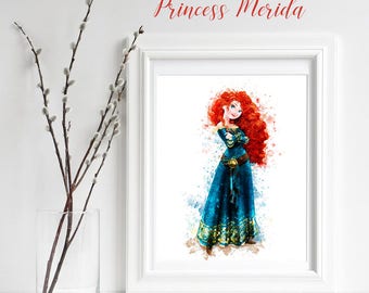 PRINSES MERIDA PRINT, Prinses Merida, Merida Brave, Brave Print, sublimatie Princess Aquarel, Princess Nursery, Wall Art, Digital