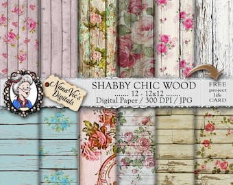 Shabby Chic Digital Paper: Wood Roses, backgrounds, wood texture, Scrapbooking, Printable, photography, wood back drops, 12 H Res 300 DPI