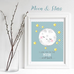 Moon Nursery Wall Art, moon and back Neutral Nursery Decor, Baby Print Moon Stars, Gender Neutral Nursery Print, Sky Nursery Playroom WP01