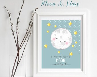 Moon Nursery Wall Art, moon and back Neutral Nursery Decor, Baby Print Moon Stars, Gender Neutral Nursery Print, Sky Nursery Playroom WP01