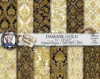 Damask Digital Paper, Gold seamless wedding backgrounds, Damask texture, Scrapbooking  photography damask back drop, Damask pattern