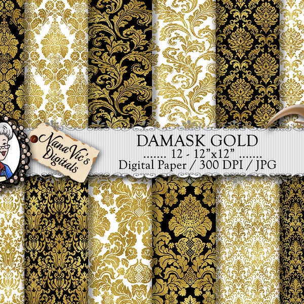 Damask Digital Paper, Gold seamless wedding backgrounds, Damask texture, Scrapbooking  photography damask back drop, Damask pattern