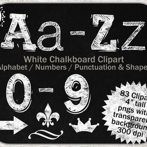 Blackboard Alphabet Clipart: Digital Chalk Alphabet Clip Art, White Chalk Letters / Numbers, Scrapbook chalk clip art, blackboard Font