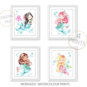 Mermaid Girls Nursery Print Set Of 4 - Mermaid Art Printables - Baby Shower Gift - Kids Bathroom Decor - Mermaid Wall Art - Mermaid Picture