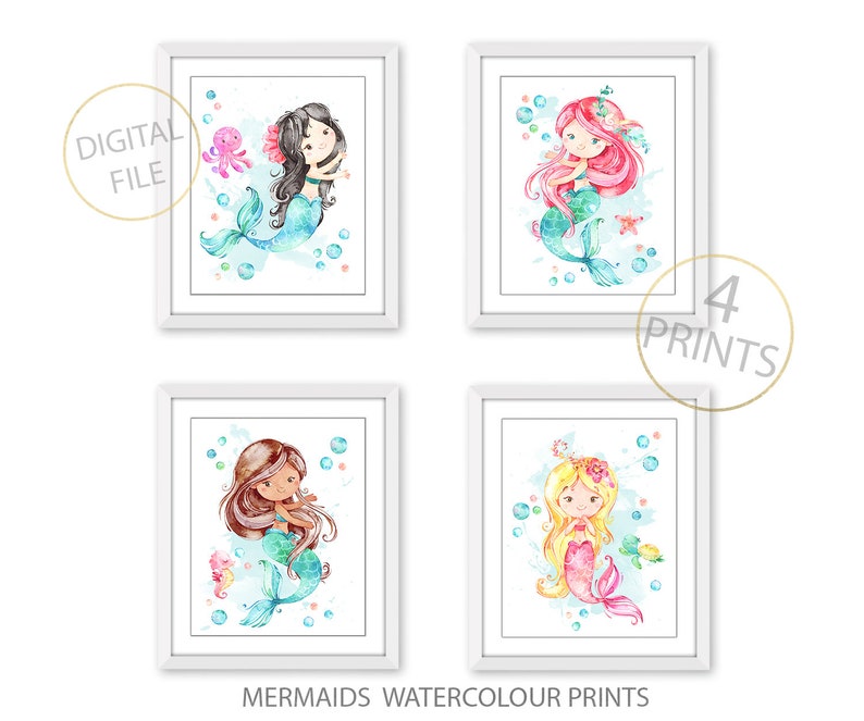 Mermaid Nursery Print Mermaid Bathroom Decor Mermaid Wall Etsy