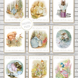 May include: Set of nine printable illustrations featuring characters from Beatrix Potter books. The illustrations include Peter Rabbit, Jemima Puddle-Duck, Squirrel Nutkin, Mrs. Tiggy-Winkle, and more.