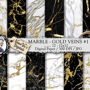 Puede incluir: Colección de papeles digitales con texturas de mármol y vetas doradas. Los papeles presentan patrones de mármol negro, blanco y gris con detalles dorados. El texto dice "MARBLE - GOLD VEINS #1" y "Digital Paper / 300 DPI / JPG".