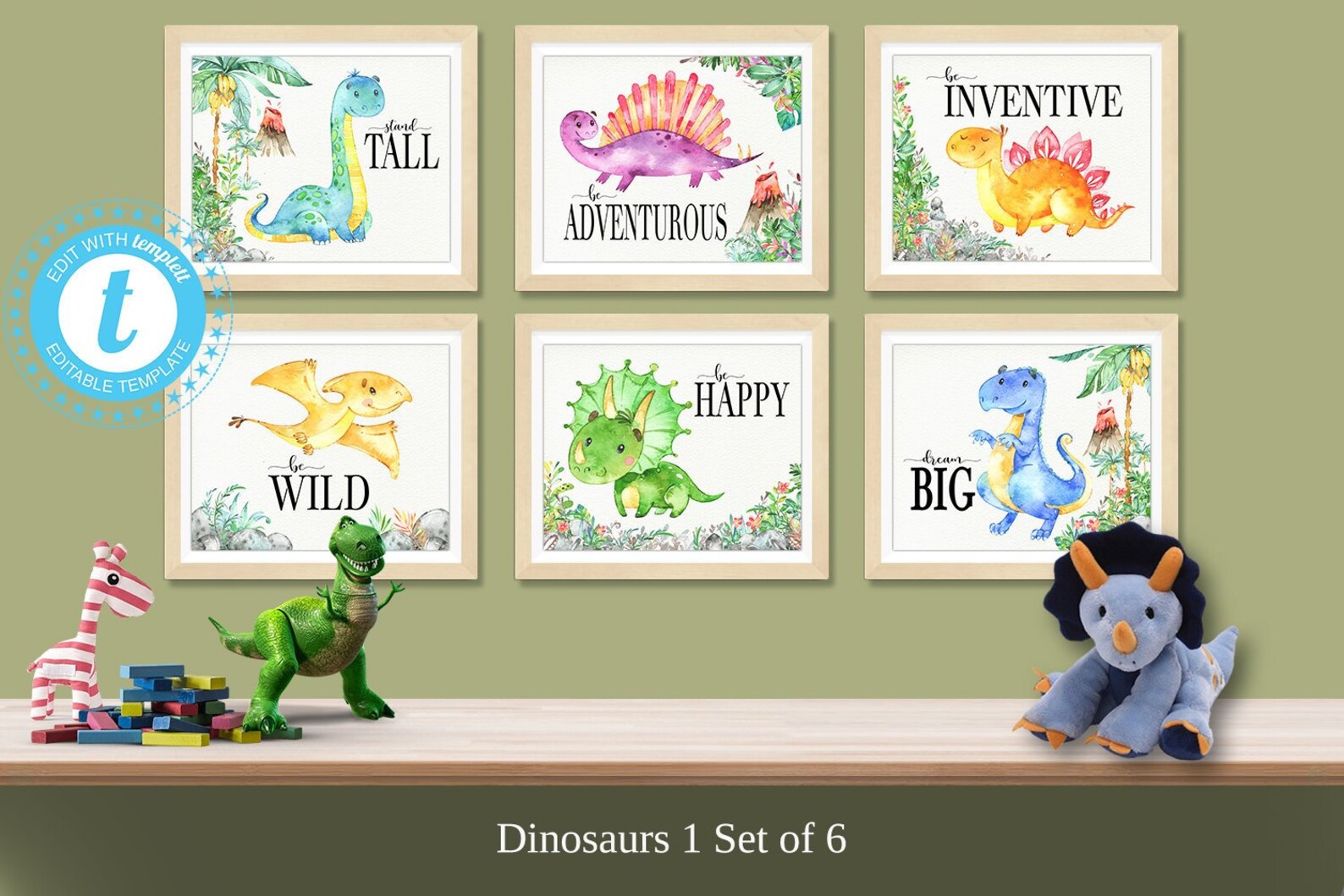 6 Dinosaur Nursery Prints, EDITABLE Templett, Dinosaur Nursery Playroom ...