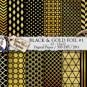 Black & Gold Foil #1 Digital Paper, Gold Leaf Patterns - Chevron. Geometric, Herringbone, Dots, Stripes,. Backgrounds Scrapbooking Printable