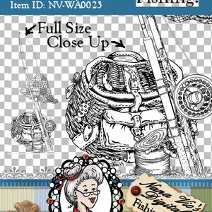 Digital Stamp - Fishing Gear, Bait and Tackle, Fishing Rod, Word Art, Clipart, Sentiments, Digi, Printable, ID:NV-DS0035 By Nana Vic