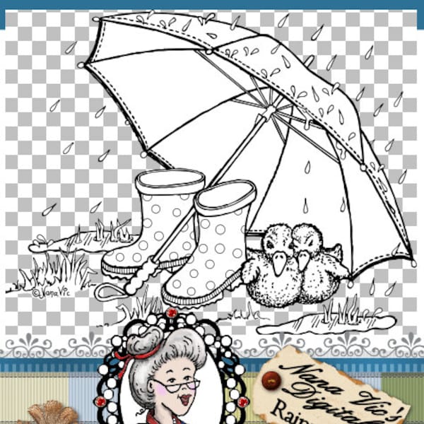 Timbre numérique - les jours de pluie avec canards, parapluie et bottes en caoutchouc, imprimable, Digi Stamp, Illustration, ID:NV Instant Download-DS0020 par Nana Vic